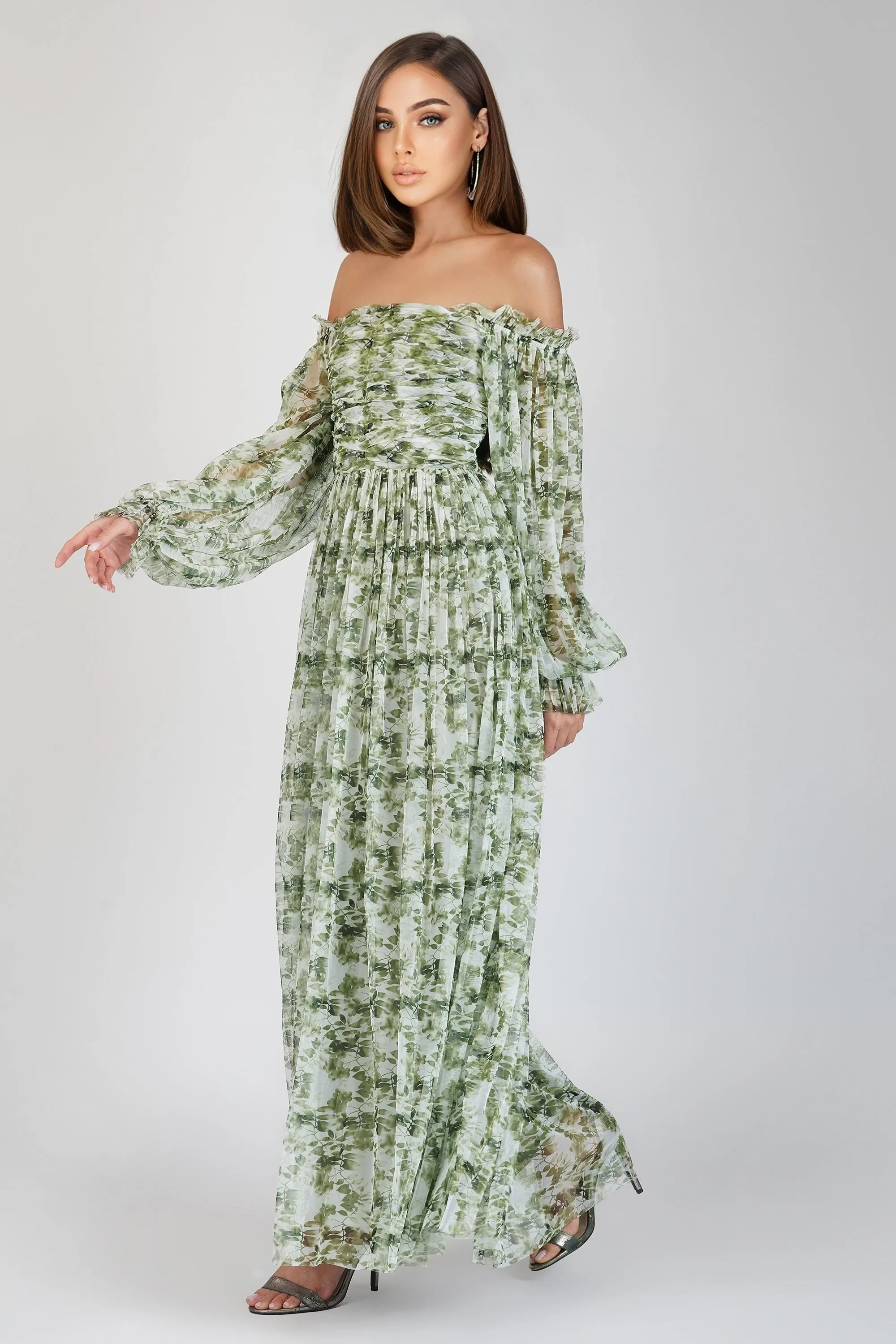 Lana Green Floral Printed Tulle Dress