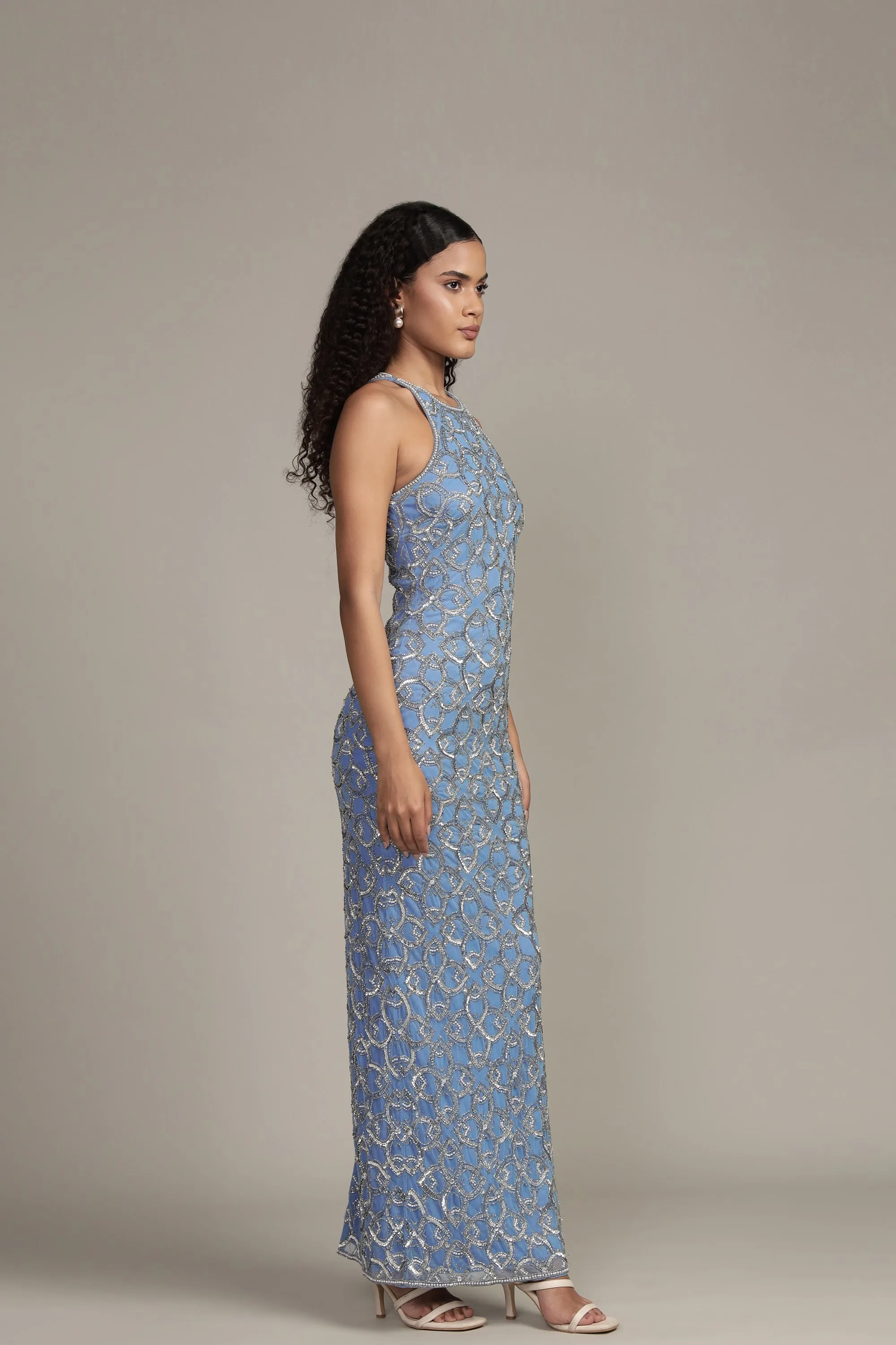Maddox Embellished Maxi Dress in Powder Blue