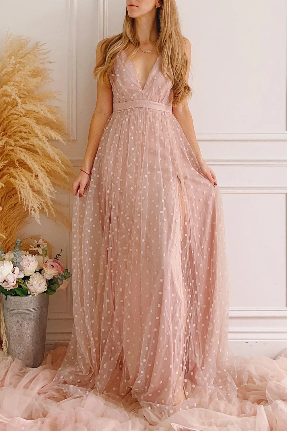 Margarida | Polka Dot Pink Tulle Maxi Dress
