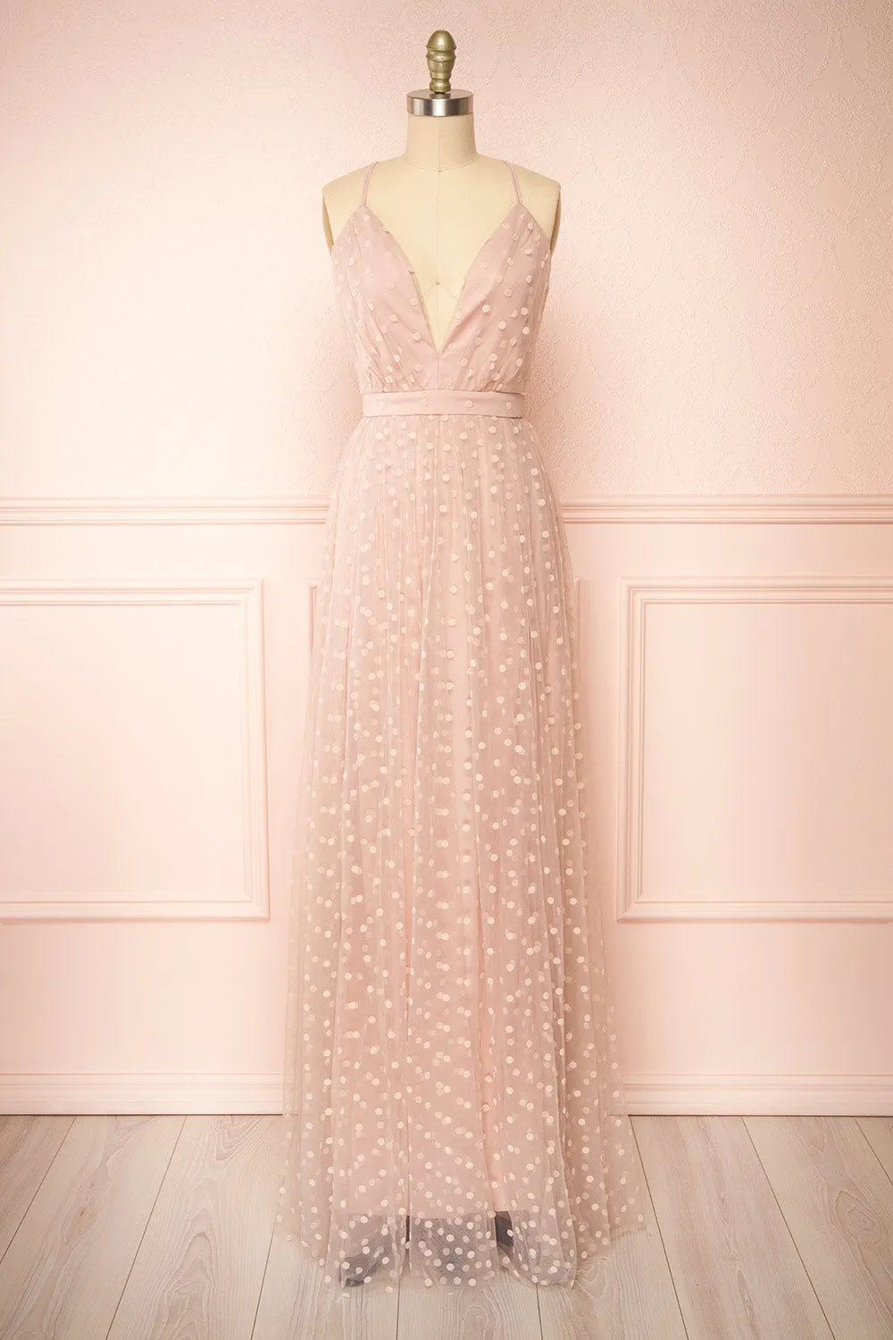Margarida | Polka Dot Pink Tulle Maxi Dress