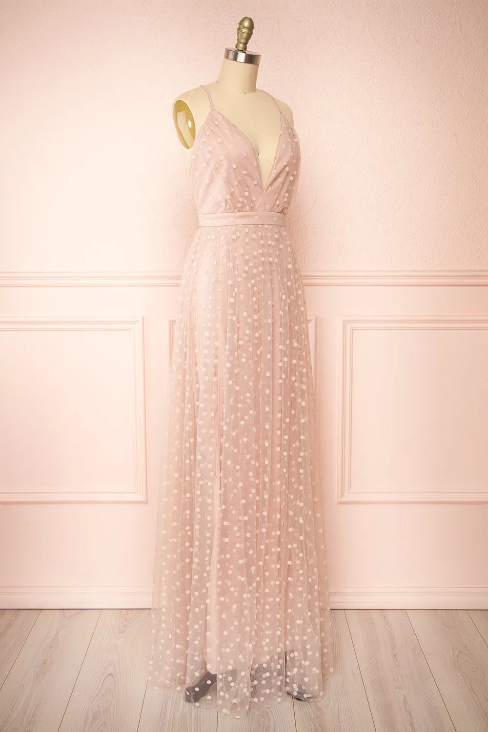 Margarida | Polka Dot Pink Tulle Maxi Dress