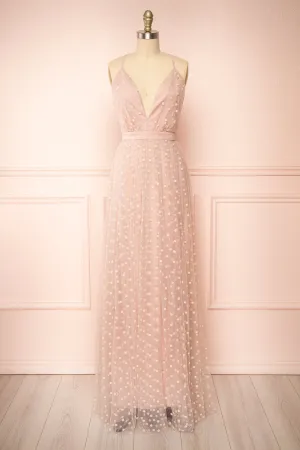 Margarida | Polka Dot Pink Tulle Maxi Dress
