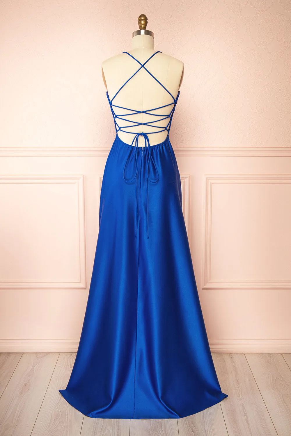 Marlys Blue | Cowl Neck Satin Maxi Dress w/ High Slit