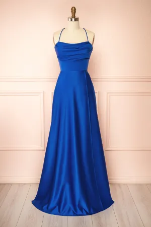 Marlys Blue | Cowl Neck Satin Maxi Dress w/ High Slit