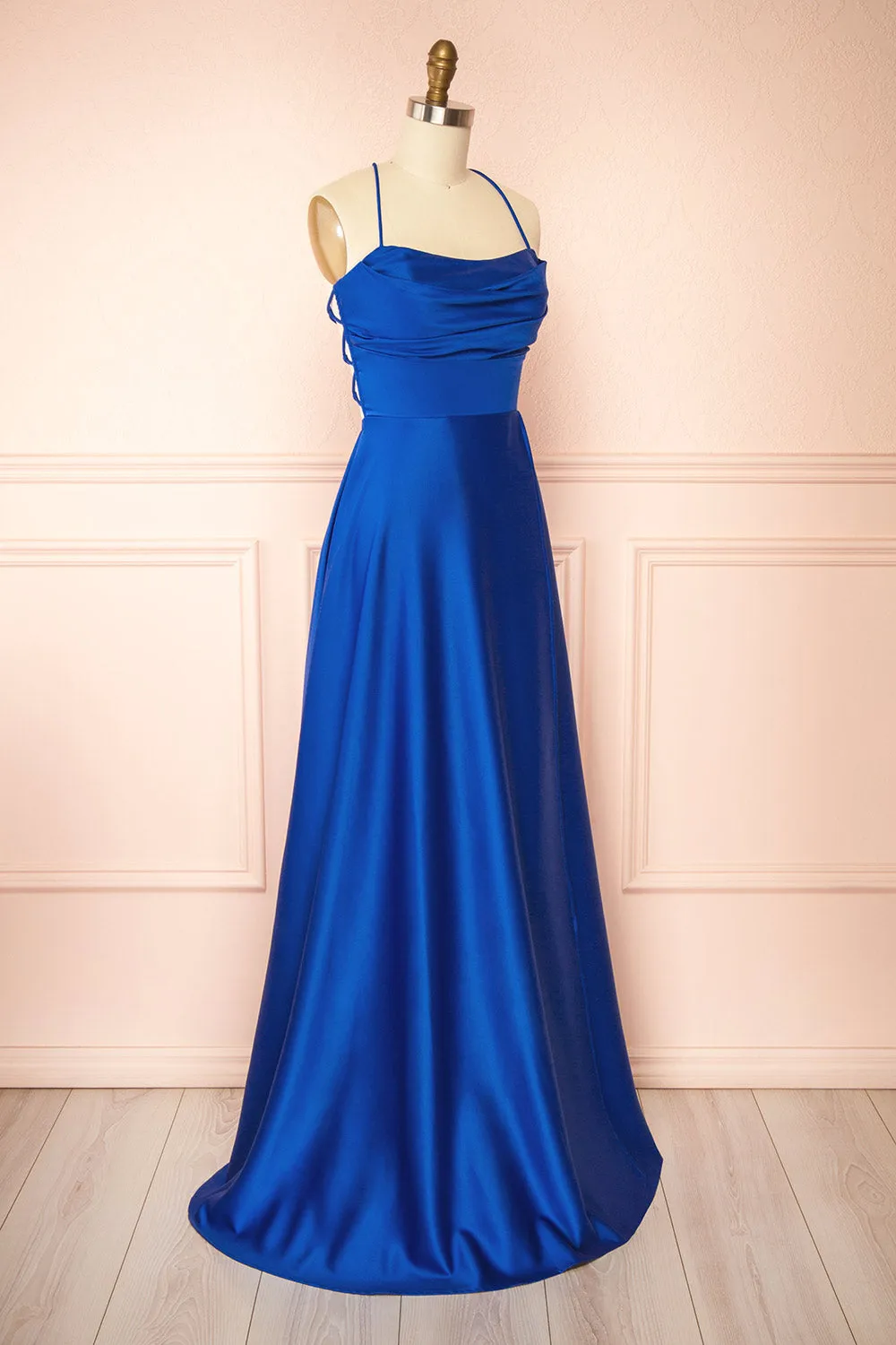 Marlys Blue | Cowl Neck Satin Maxi Dress w/ High Slit