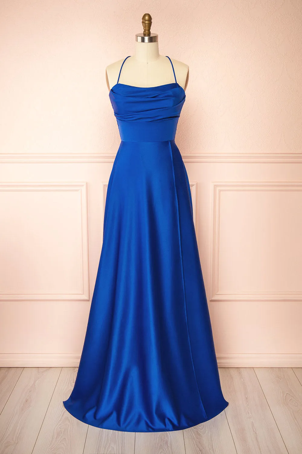 Marlys Blue | Cowl Neck Satin Maxi Dress w/ High Slit
