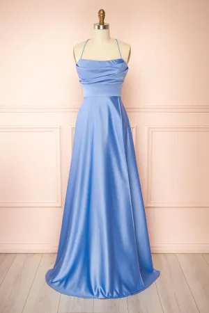 Marlys Light Blue | Cowl Neck Satin Maxi Dress w/ High Slit