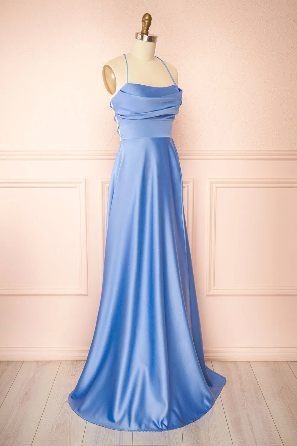 Marlys Light Blue | Cowl Neck Satin Maxi Dress w/ High Slit