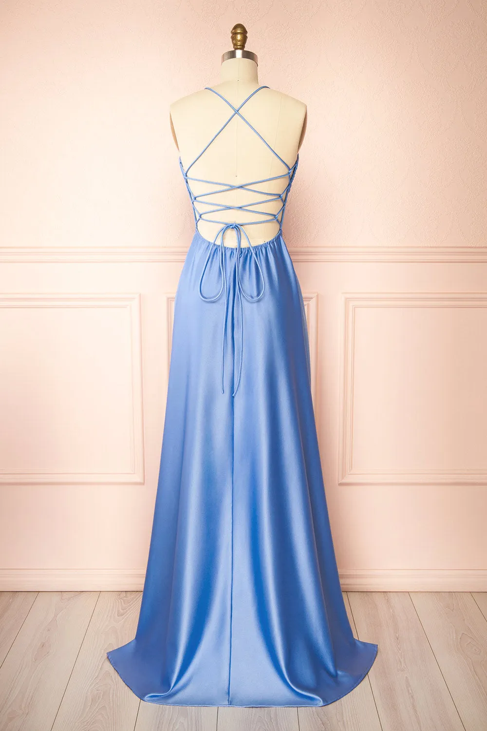 Marlys Light Blue | Cowl Neck Satin Maxi Dress w/ High Slit
