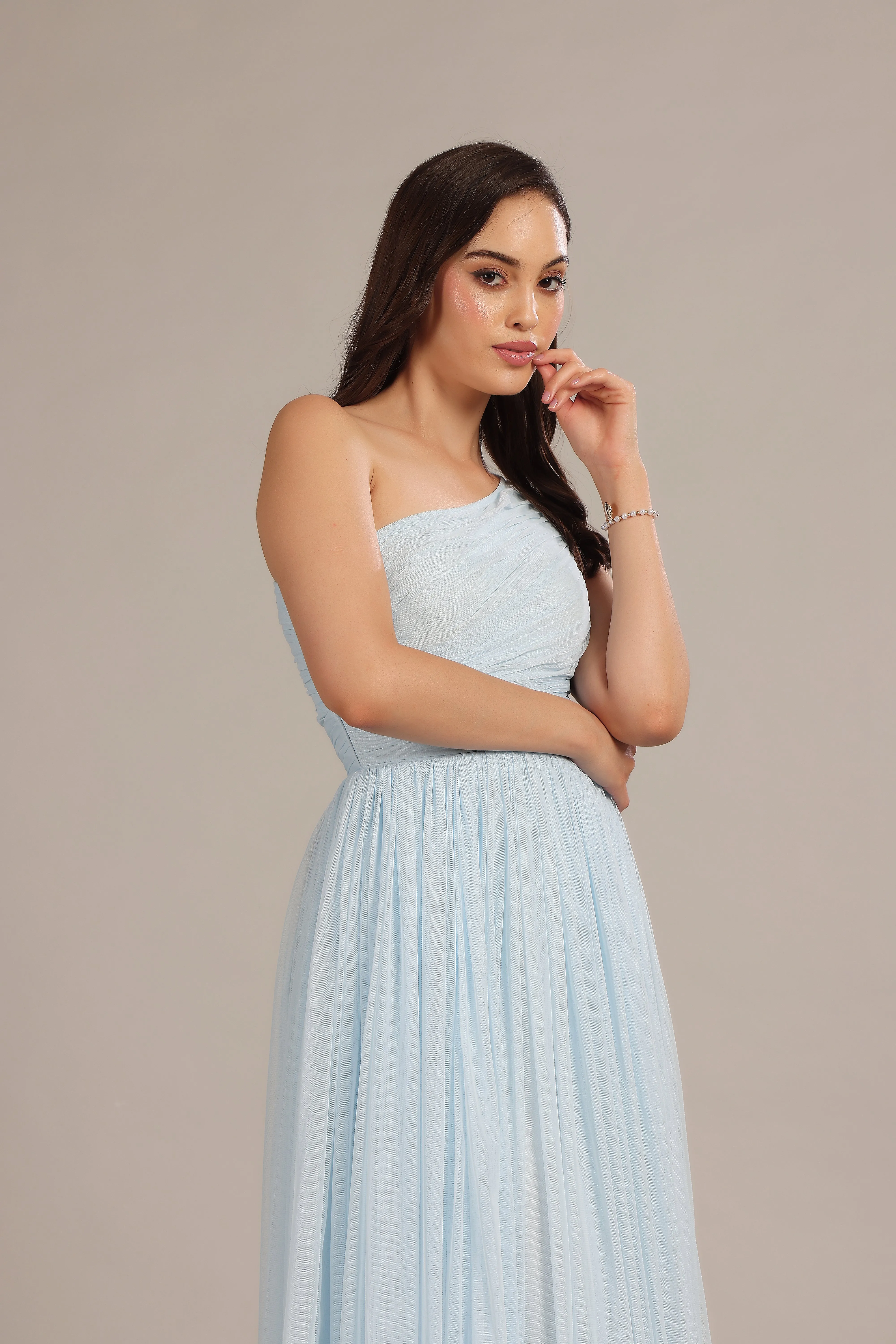 One Shoulder Maxi Dress in Powder Blue