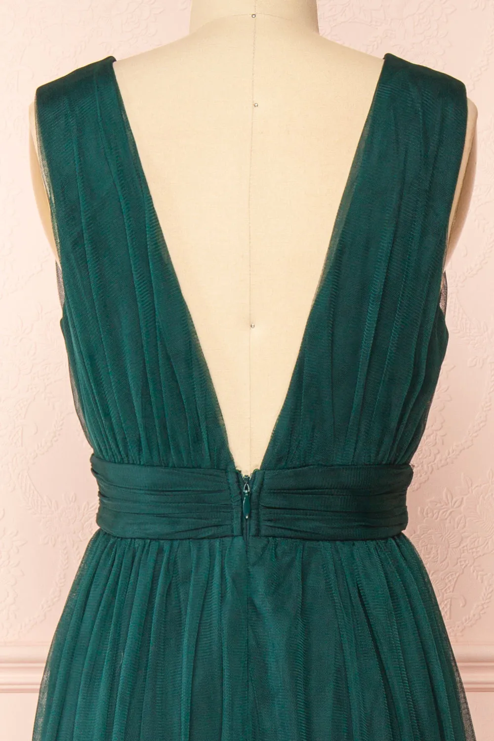 Samina Green | Tulle Maxi Dress w/ Plunging Neckline