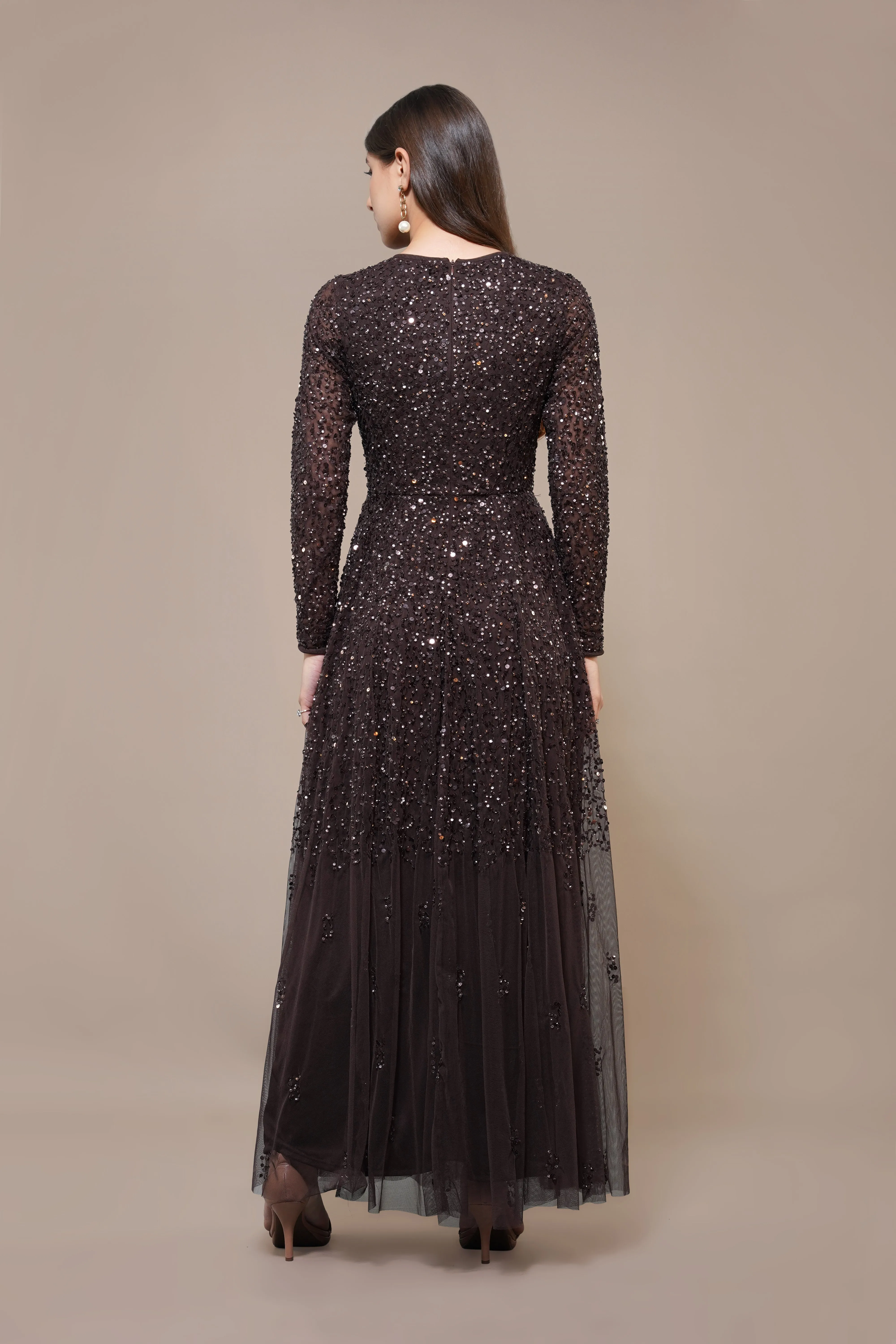 Sila Long Sleeve Embellished Maxi Dress in Coffee Brown
