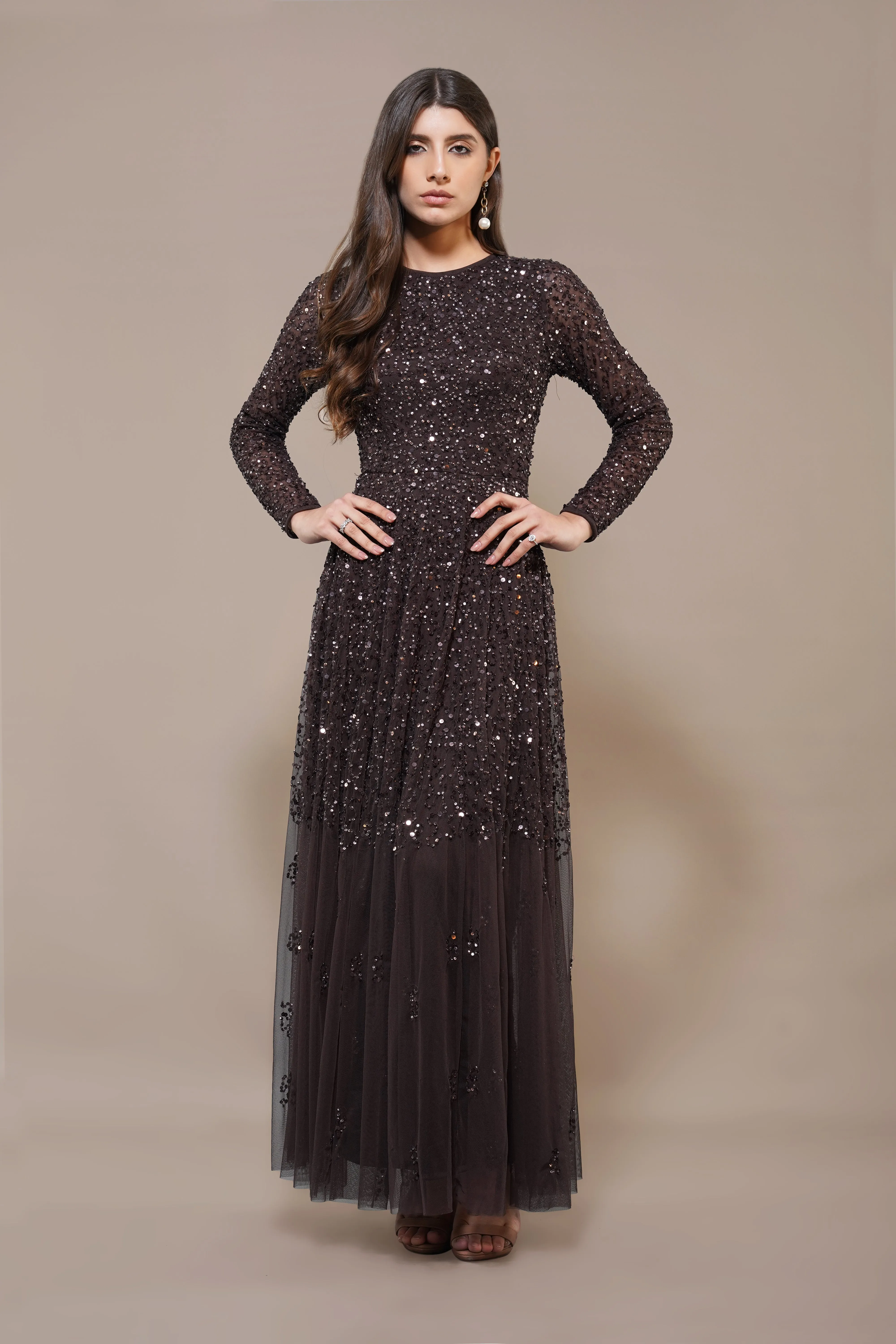 Sila Long Sleeve Embellished Maxi Dress in Coffee Brown