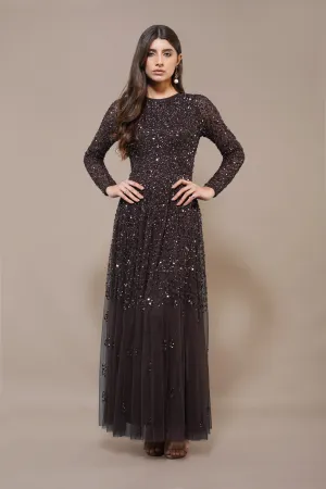 Sila Long Sleeve Embellished Maxi Dress in Coffee Brown