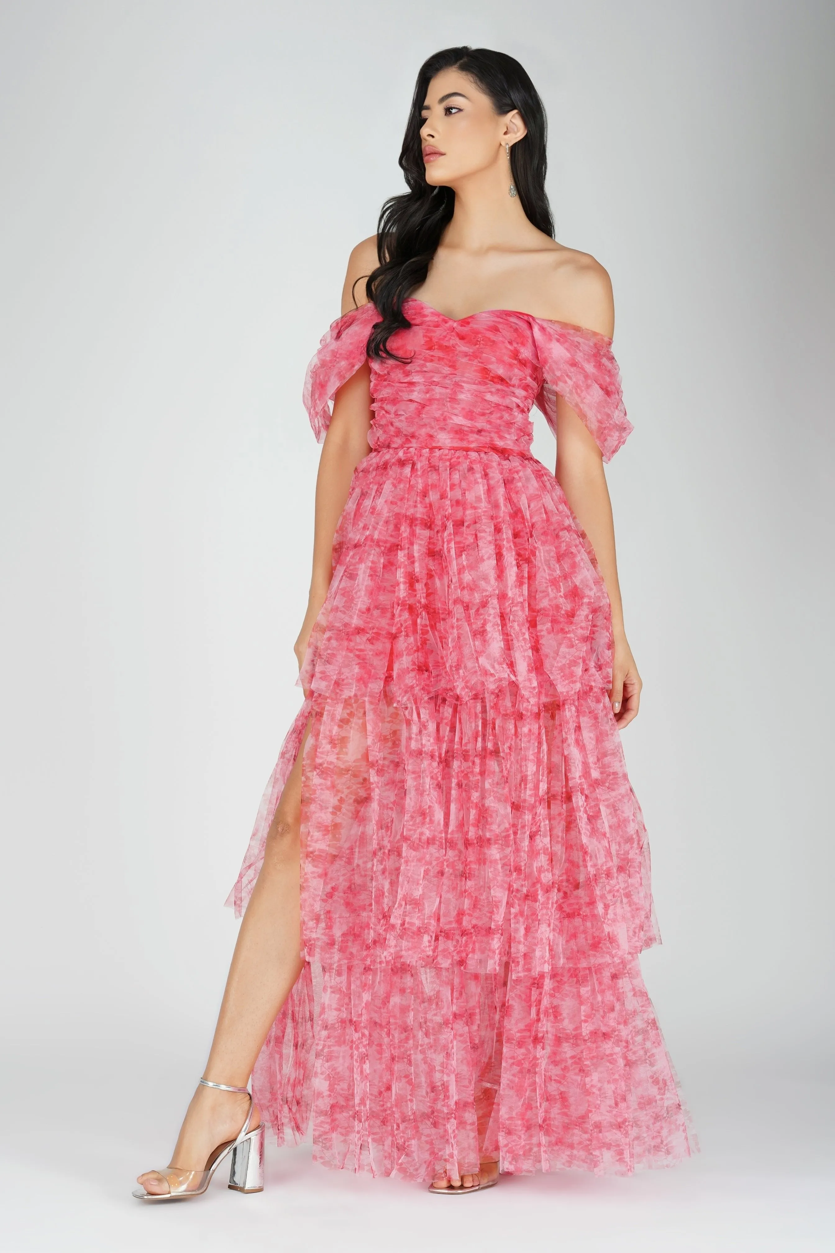 Sydney Tulle Maxi Dress in Red Print