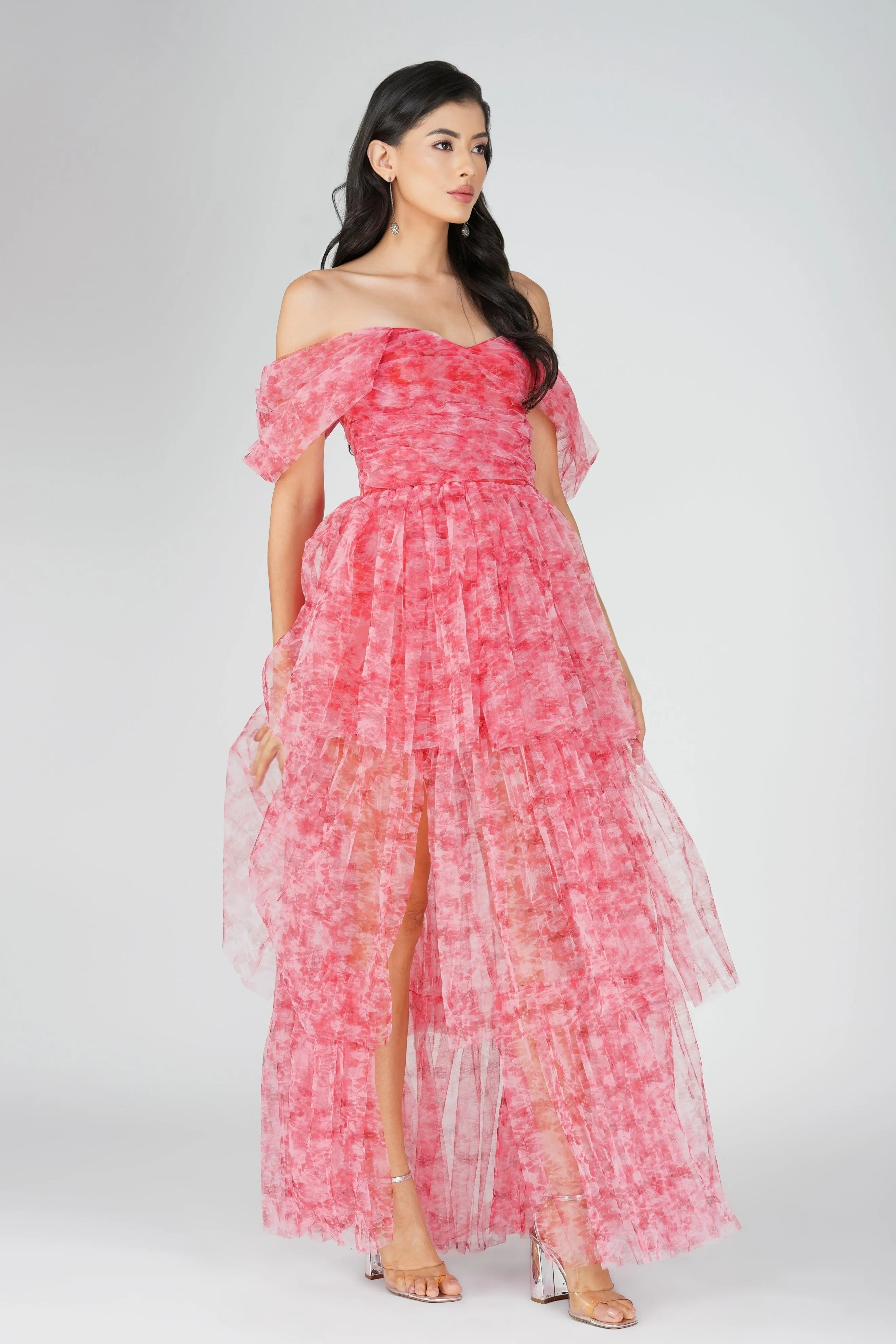 Sydney Tulle Maxi Dress in Red Print