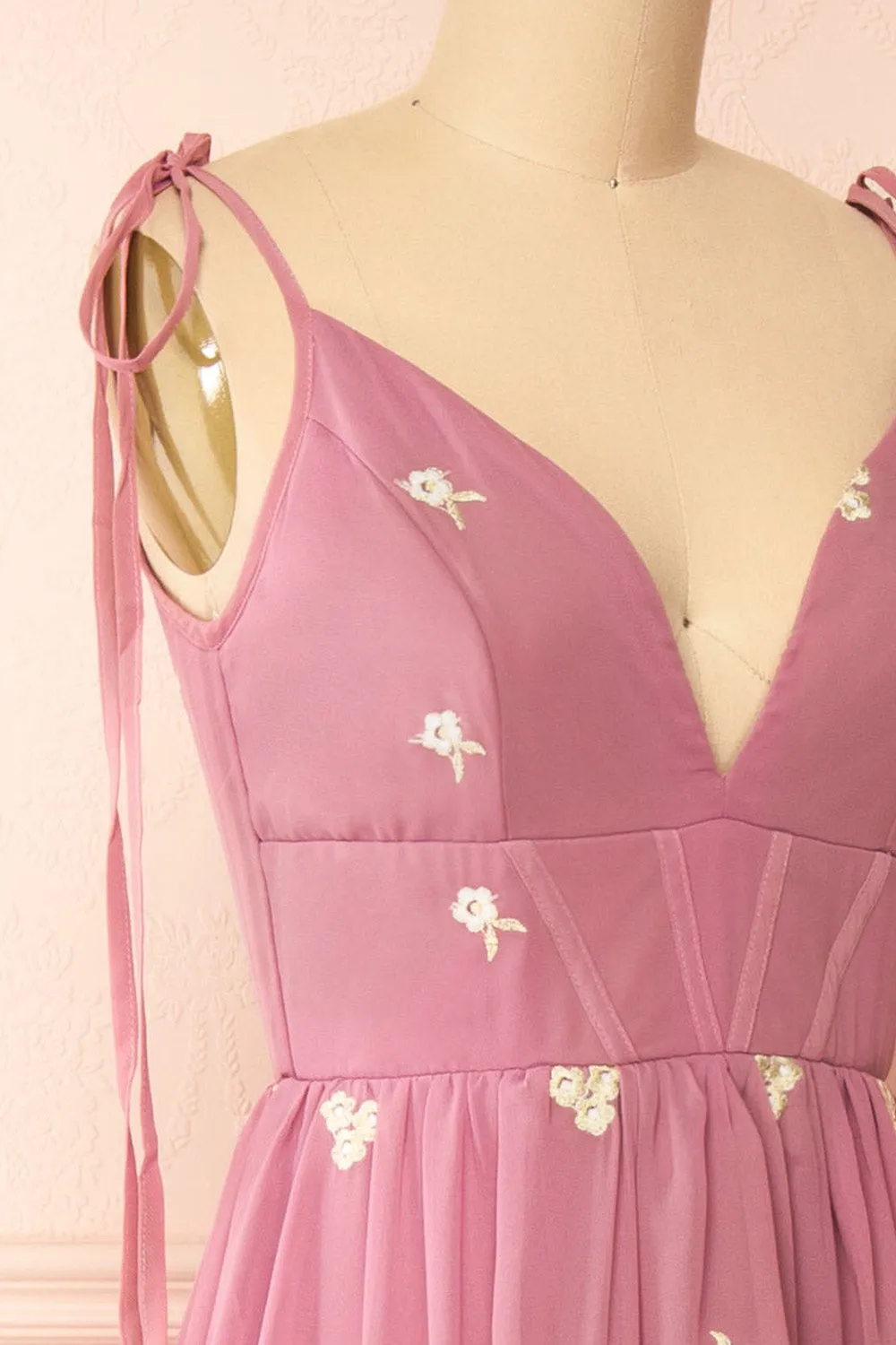 Taliana Mauve | Chiffon Maxi Dress w/ Floral Embroidery