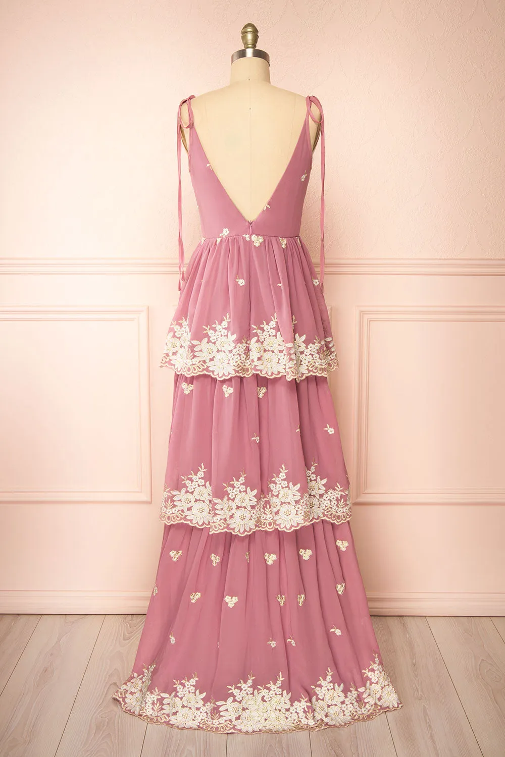 Taliana Mauve | Chiffon Maxi Dress w/ Floral Embroidery