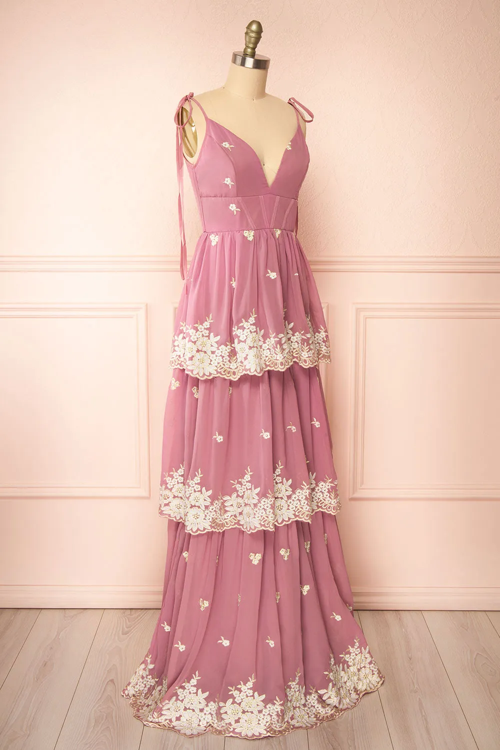 Taliana Mauve | Chiffon Maxi Dress w/ Floral Embroidery