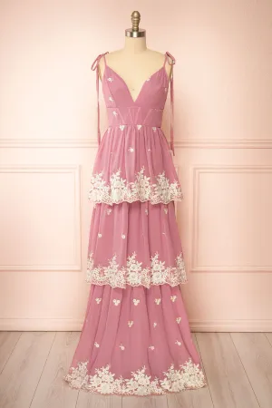 Taliana Mauve | Chiffon Maxi Dress w/ Floral Embroidery