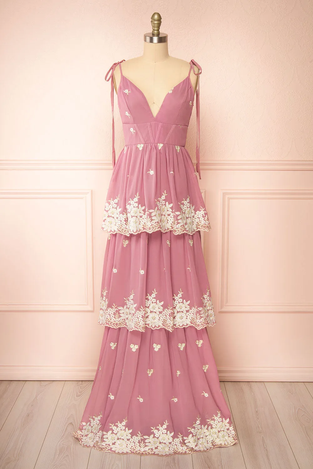 Taliana Mauve | Chiffon Maxi Dress w/ Floral Embroidery