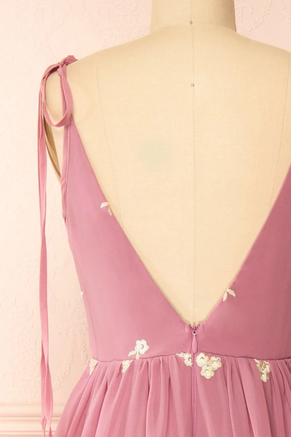 Taliana Mauve | Chiffon Maxi Dress w/ Floral Embroidery