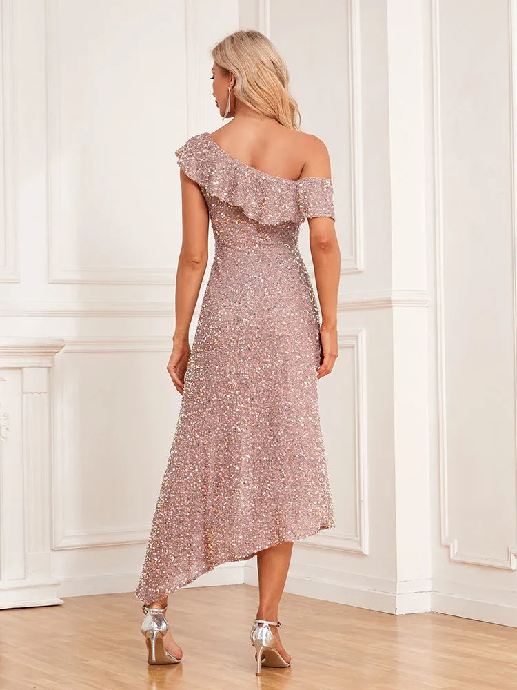 Versatile Shimmering Asymmetrical Cap Sleeve Sheath Midi Evening Dress