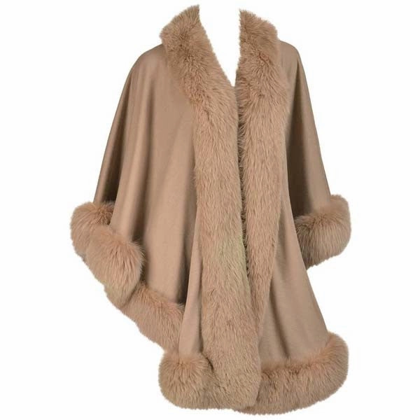 Vintage Taupe Wool Blend Knit Cape with Fox Fur Trim